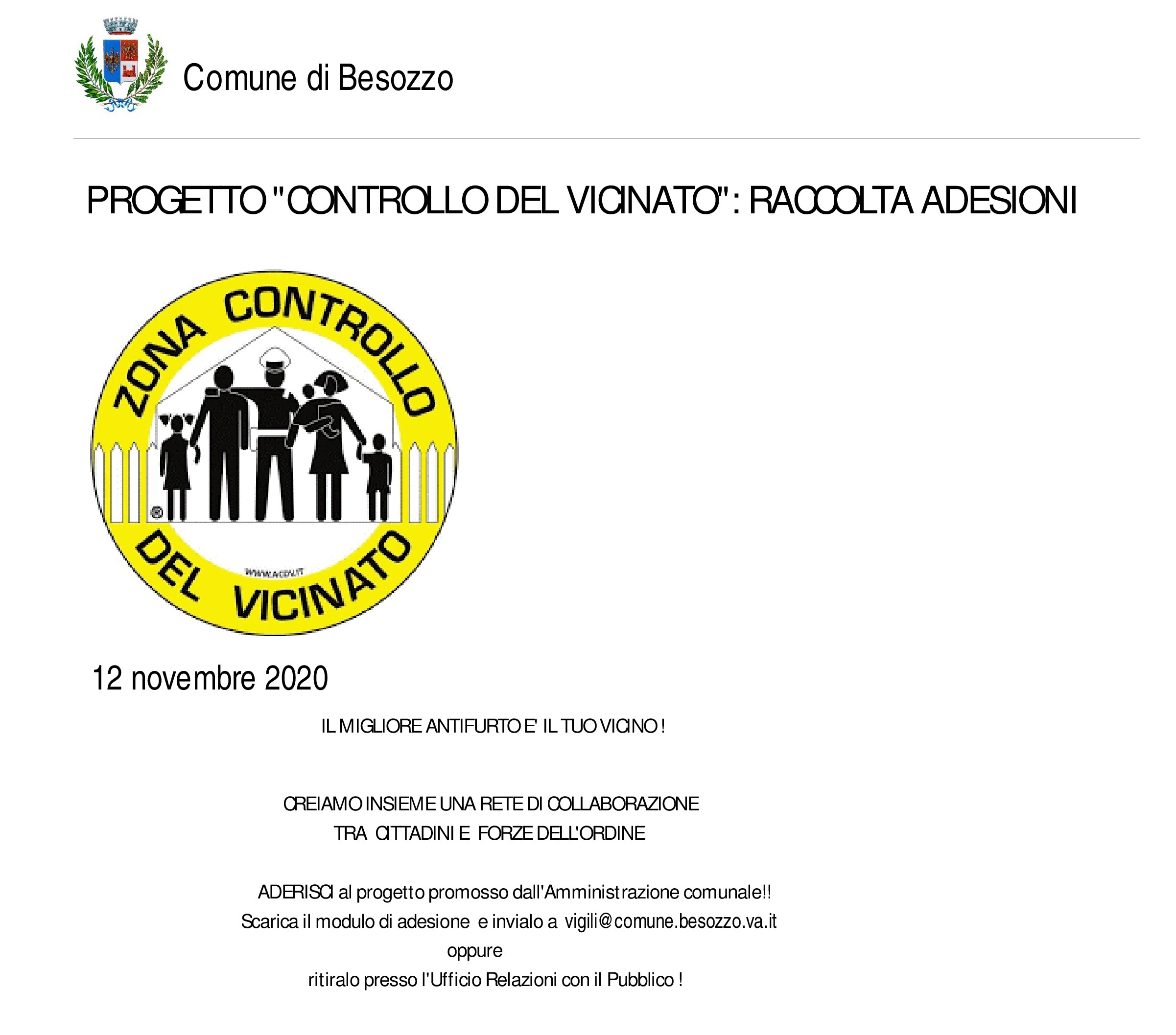 Progetto Controllo Del Vicinato Raccolta Adesioni Comune Di Besozzo
